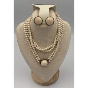 Vintage Angel Skin Coral 14K Gold 2-Strand Necklace & Earring Set Clasp 55g